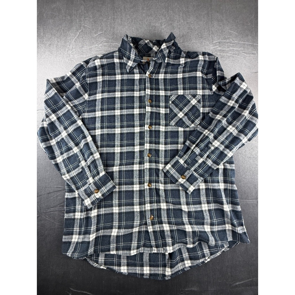 Field & Stream Men 2XL Flannel Shirt Navy Blue White Plaid Long Sleeve Button Up